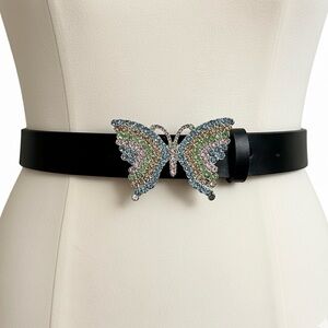 Black Leather belt Pastel pink blue green rhinestones Butterfly buckle NWOT